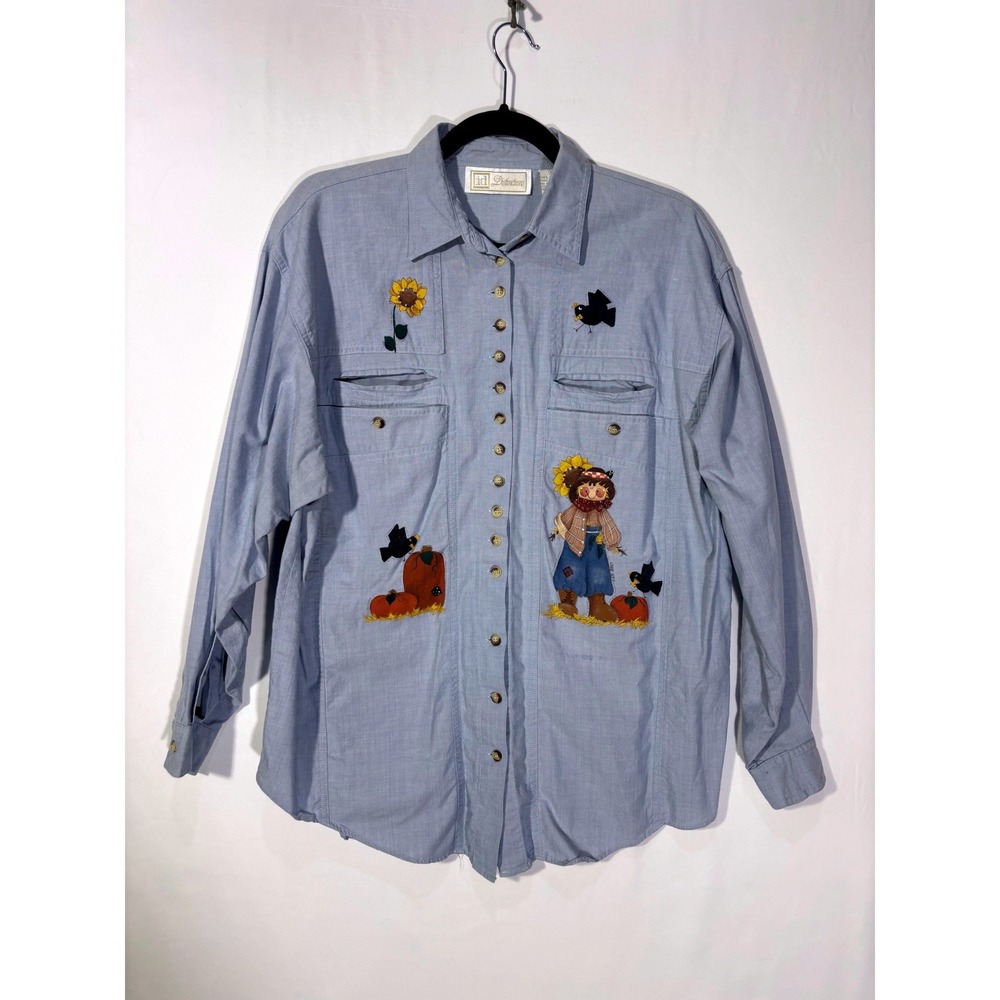 Boho Fall Scarecrow Pumpkin ID Distinctions Button Down Shirt Womens Medium Blue
